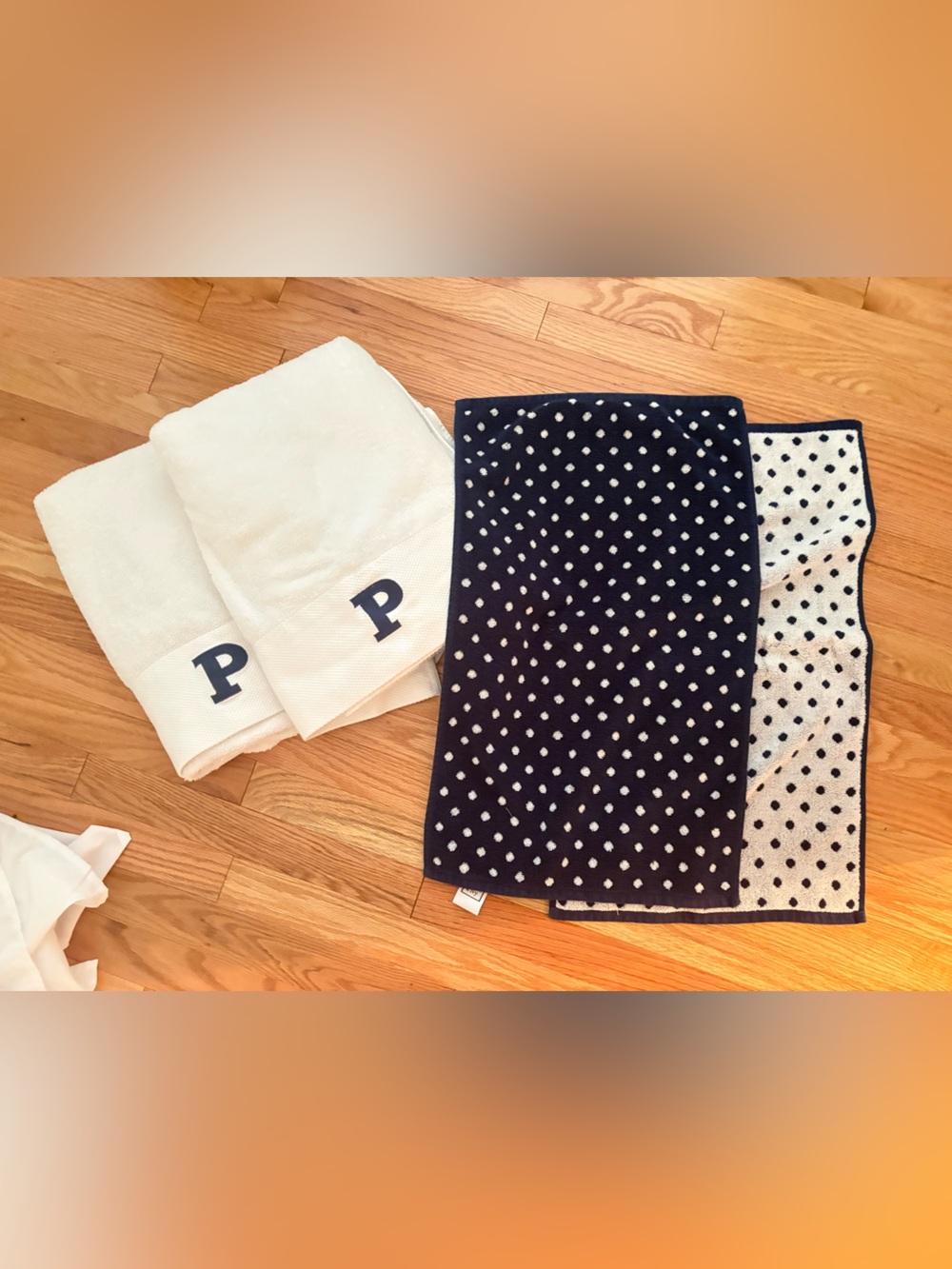 Monogrammed White 'P' Towels & Navy Polka Dot Towels Set